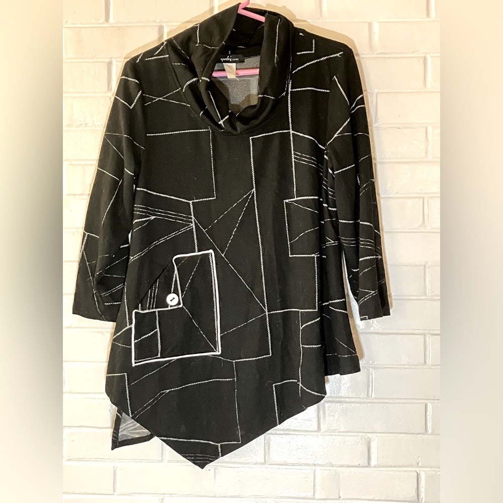 YUSHI VINTAGE Blouse/Tunic Cowl Neck Rare pattern, Asymmetrical, One pocket